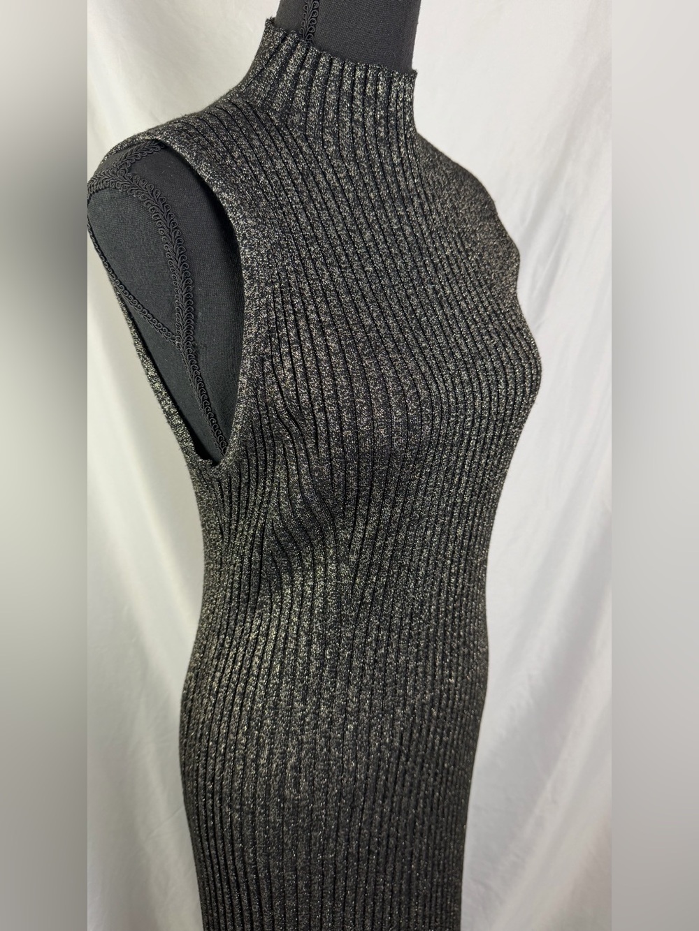 DKNY Black Metallic Ribbed Sleeveless Maxi Dress XL Shimmer Evening Glam Gown - Picture 6 of 7